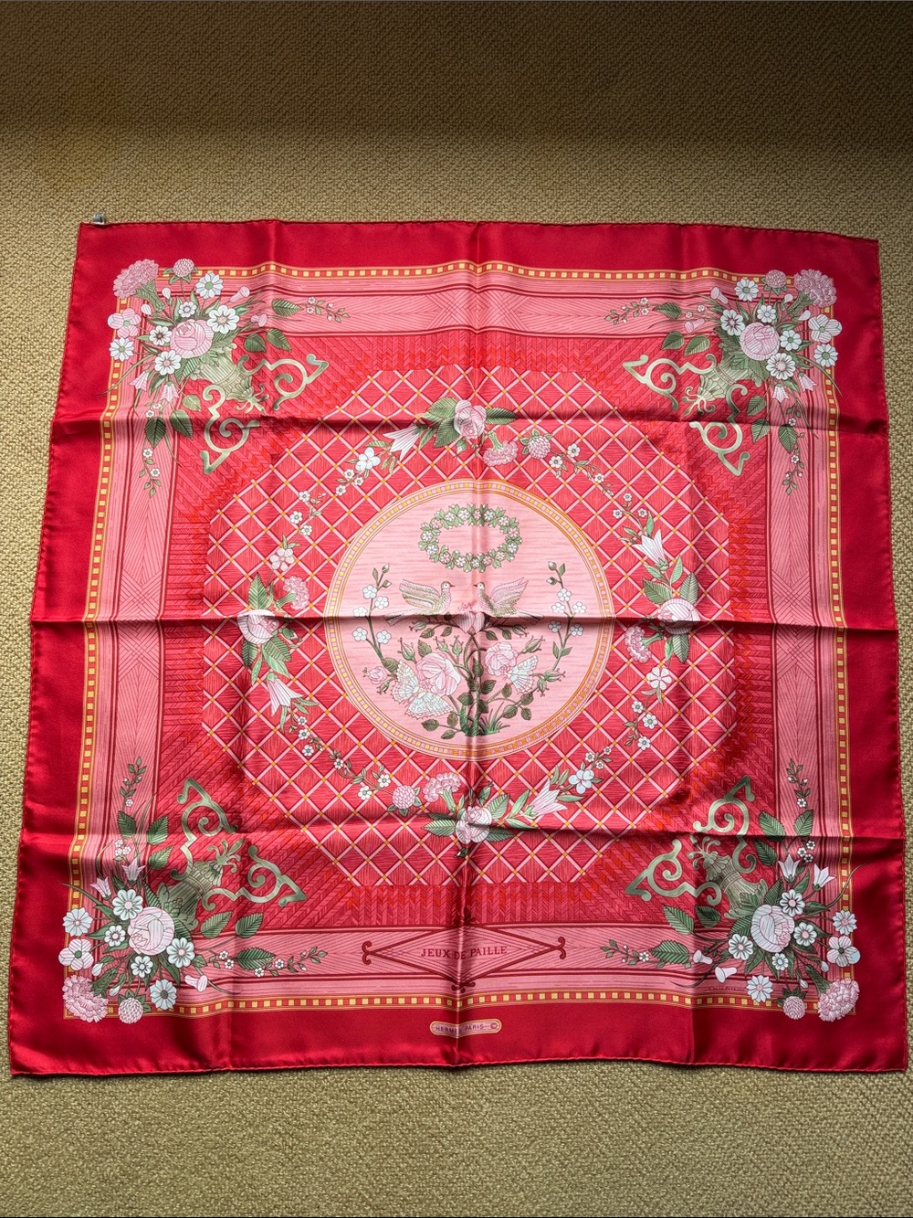 Brand New Hermes Red Pink Floral Silk Scarf